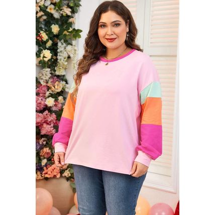 Pink Colorblock Patchwork Long Sleeve Plus Size Top