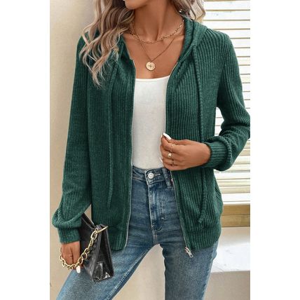 Evergreen Ribbed Zip Up Front Drawstring Hoodie