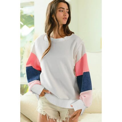 White French Terry Color Block Long Sleeve Top