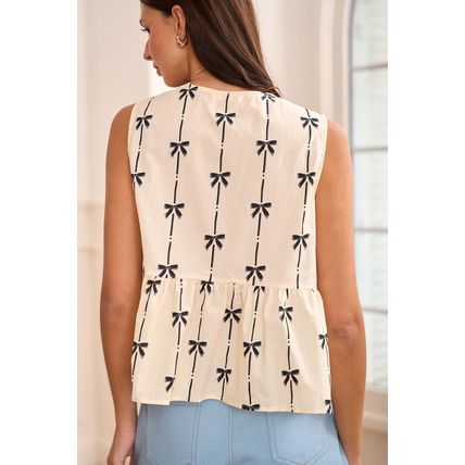 White Bow Printed Tie Closure Ruffled Vest