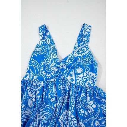 Blue Paisley V Neck Crisscross Backless Maxi Dress