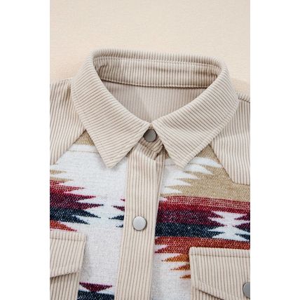 Multicolour Western Aztec Striped Patchwork Double Flap Pocket Raw Hem Shacket