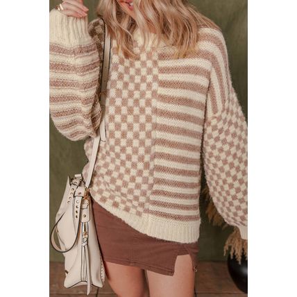 Khaki Stripe Checkerboard Drop Shoulder Balloon Sleeve Sweater