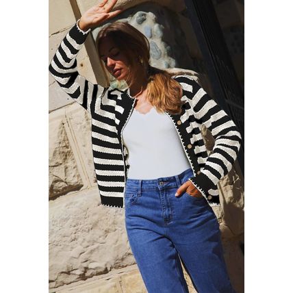 White Stripe Chic Golden Button Cardigan Sweater