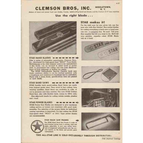 clemson bros inc 1948 star hand blades hack band saw vintage catalog
