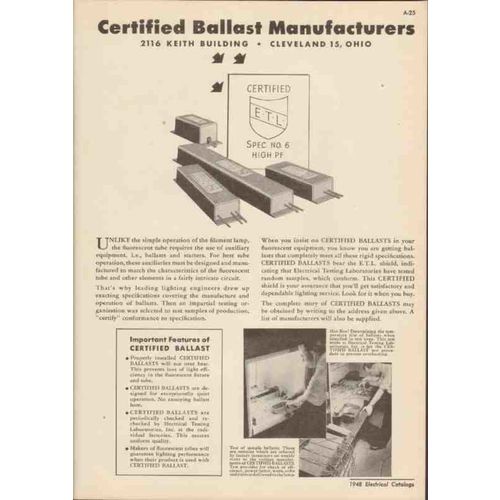 certified ballast manufacturers 1948 fluorescent light vintage catalog