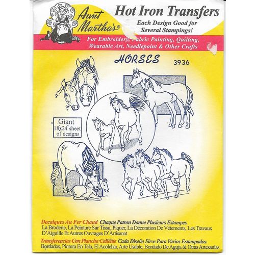 Aunt Martha’s Hot Iron Transfers 3936 Horses 5 pieces of Artwork Uncut Sealed