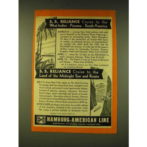 1933 Hamburg-American Line Cruise Ad - S.S. Reliance cruise to the West Indies