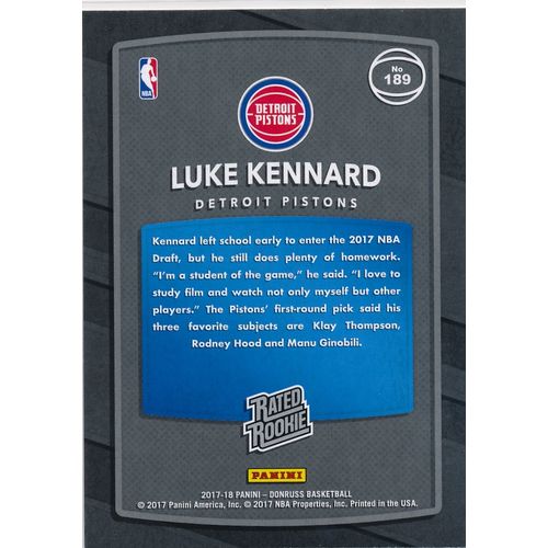 2017-18 Donruss Rated Rookie 189 Luke Kennard RC Detroit Pistons