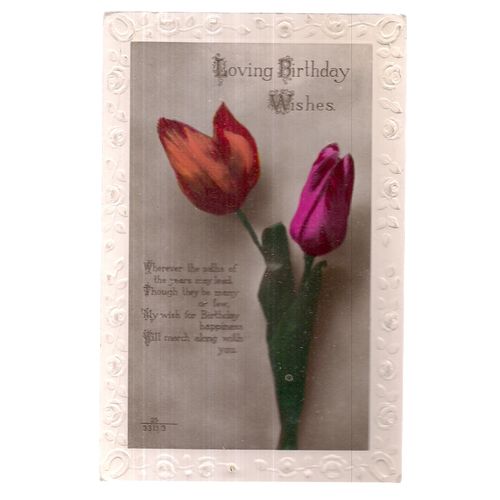 LOVING BIRTHDAY WISHES.. used vintage postcard 1931 postmark tulips