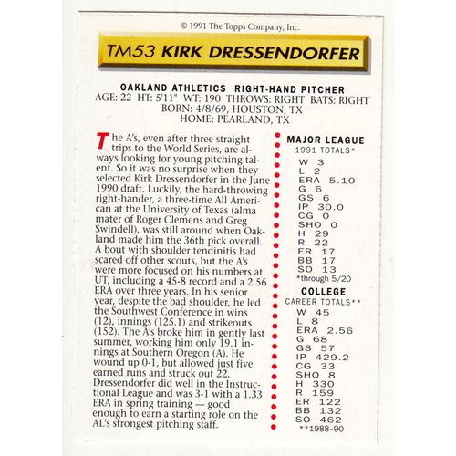 1991 Topps Magazine baseball TM53 Kirk Dressendorfer insert card –NM- Athletics