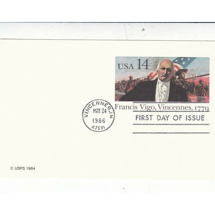 United States 1984 Frances Vigo 14c Stationary Postcard FDC Vincennes cancel VGC