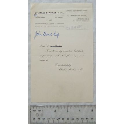 1954 letter Charles Stanley & Co., London re Certificate