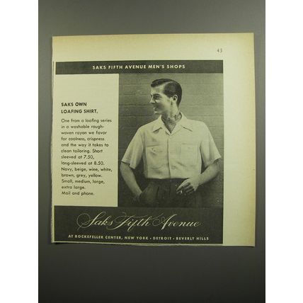 1952 Saks Fifth Avenue Loafing Shirt Ad - Saks Fifth Avenue Men's Shops