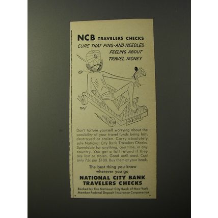 1953 National City Bank Travelers Checks Ad - NCB travelers checks cure