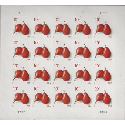 Pears 10 Cent Stamp In Sheet of Twenty Postage Stamps Scott 5178