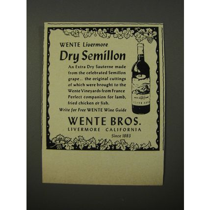 1954 Wente Bros. Livermore Dry Semillon Wine Advertisement