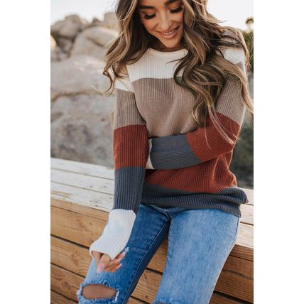Color Block Knitted O-neck Pullover Sweater