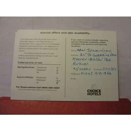 PATTERDALE HOTEL, ULLSWATER, CUMBRIA used postcard special offers sign-up =