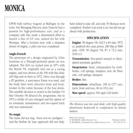 Collectors Club card. Classic Cars. Monica