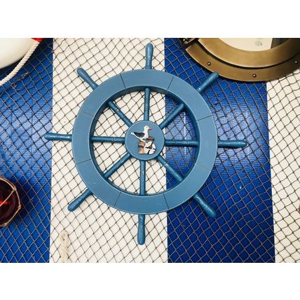 Rustic All Light Blue Decorative Ship Wheel With Seagull 18""