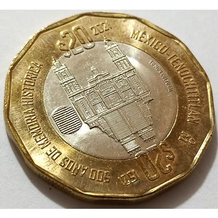 Mexico Tenochtitlan 500 years of History 1521 Bimetallic $20 pesos 2021