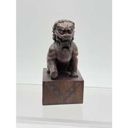 Vintage Foo Lion Chinese Hand Carved Wooden Figurine Solid 3.5”