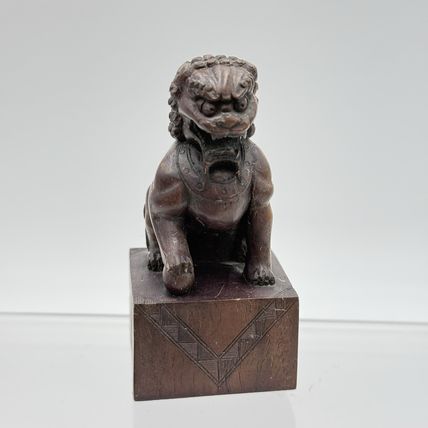 Vintage Foo Lion Chinese Hand Carved Wooden Figurine Solid 3.5”