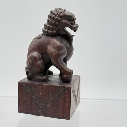 Vintage Foo Lion Chinese Hand Carved Wooden Figurine Solid 3.5”