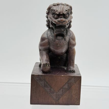 Vintage Foo Lion Chinese Hand Carved Wooden Figurine Solid 3.5”