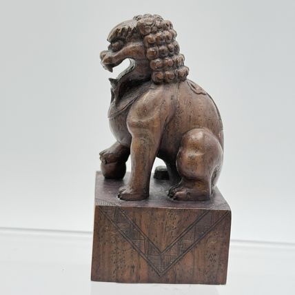 Vintage Foo Lion Chinese Hand Carved Wooden Figurine Solid 3.5”