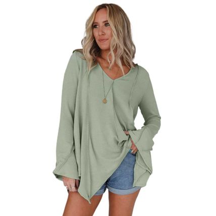 Green Ribbed Expose Seam Bell Sleeve Top