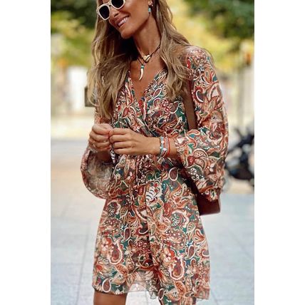 Brown Geometric Print Long Sleeve Surplice Flowy Dress
