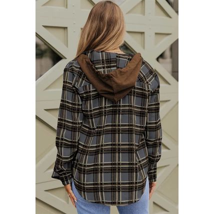 Contrast Hooded Drawstring Plaid Shacket