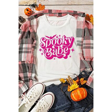 White Spooky Babe Bat Print Halloween Crewneck T Shirt