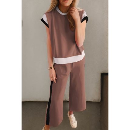 Chestnut Color Block Detail Casual Two-piece Outfit