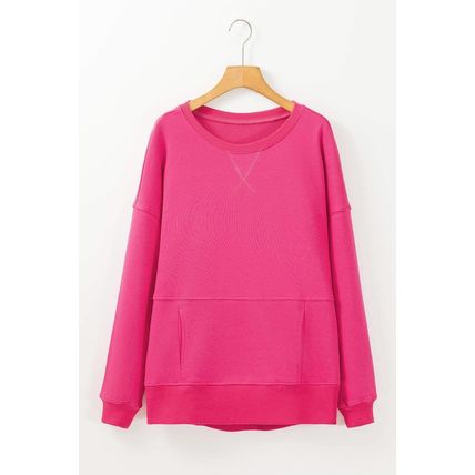Rose Red Drop Shoulder Crisscross Stitching Pocketed Loose Sweatshirt