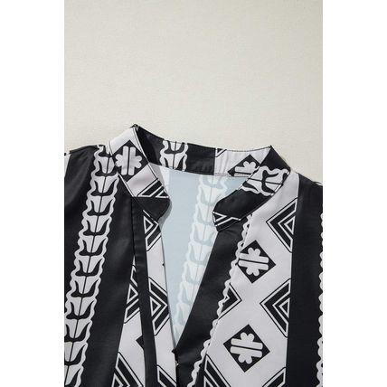 Black Geometric Print V Neck Ruffled Dress