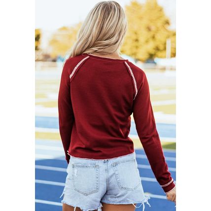 Red Game Day Rugby Football Graphic Thermal Knit Top