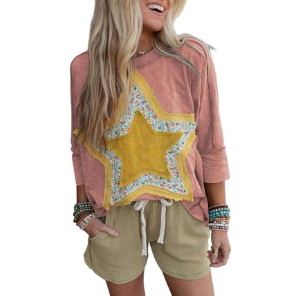 Rose Tan Floral Starbust Exposed Seam Mineral Wash Top