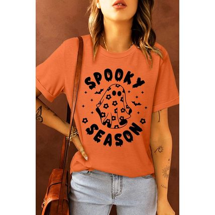 Orange SPOOKY SEASON Ghost Print Crew Neck Halloween Tee