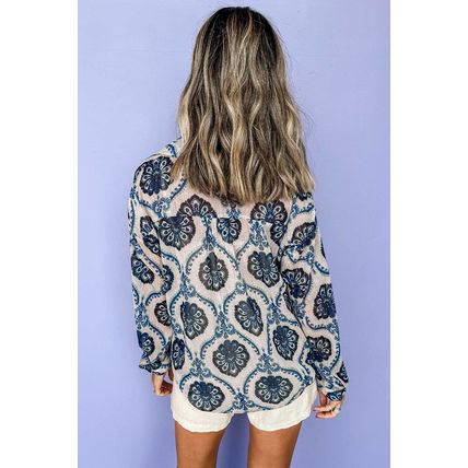 Blue Tribal Pattern Buttoned Front Loose Shirt