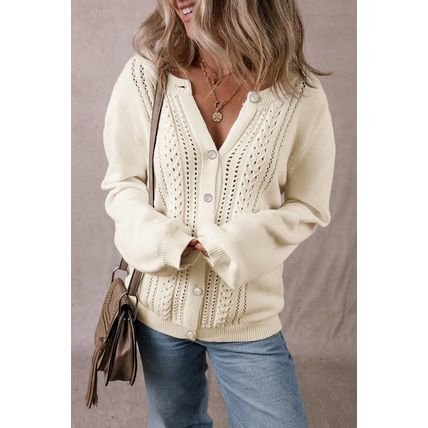 Apricot Pleated Sleeve Hollow Detail Button Sweater Cardigan