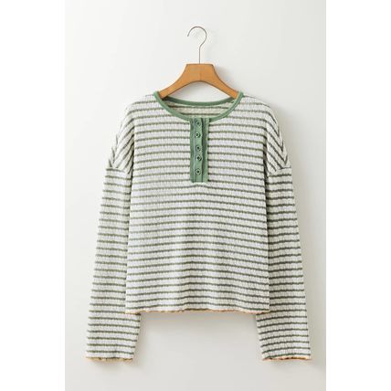 Green Stripe Textured Frilly Trim Buttons Henley Long Sleeve Top