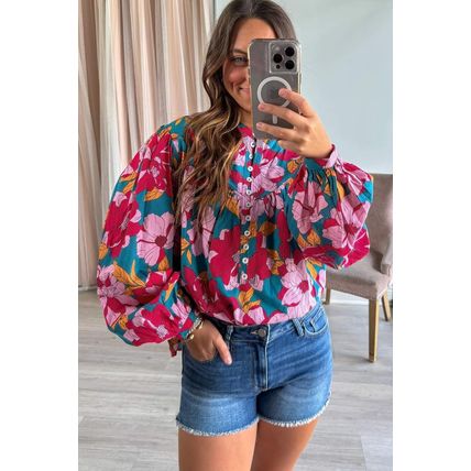 Red Floral Printed Balloon Sleeve Half Buttons Blouse