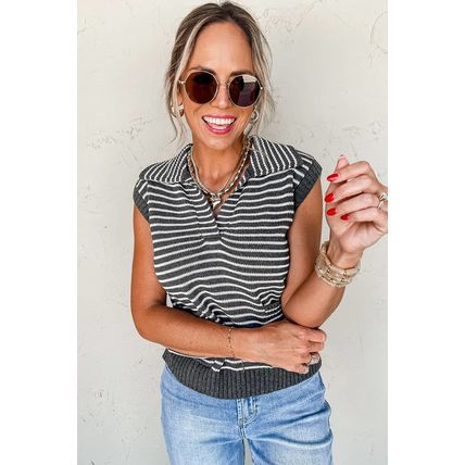 Gray Stripe Collared V Neck Sweater Vest with Pockets