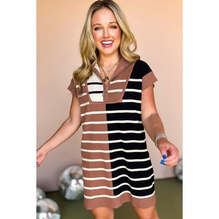 Black Stripe Color Block Quarter Zip Collar Short Sleeve Sweater Dress