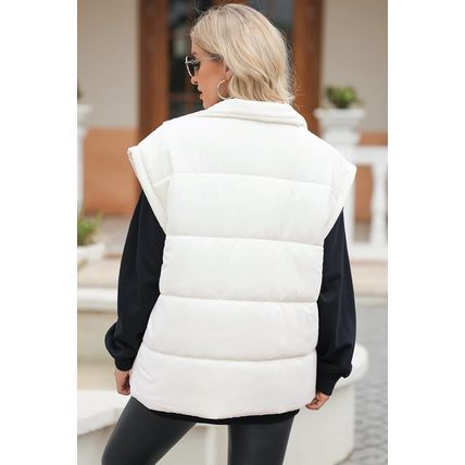 Beige Zipper Stand Neck Oversized Puffer Vest