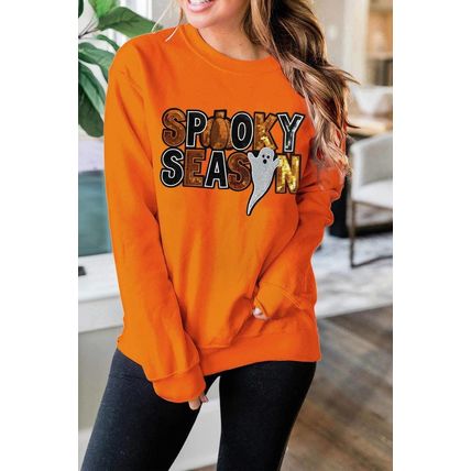 Russet Orange Sequin SPOOKY SEASON Ghost Pattern Halloween Pullover Sweatshirt