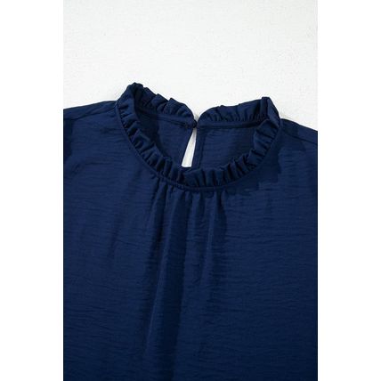 Sail Blue Shellfish Coral Embroidery Puff Sleeve Frilled Neck Blouse